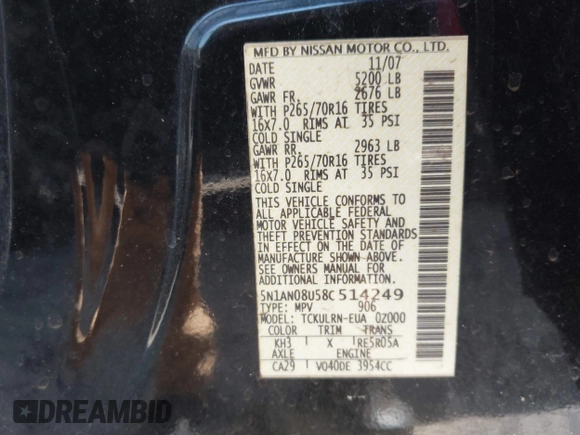 2008 Nissan Xterra S with VIN 5N1AN08U58C514249, listed as a IAAI auction lot 41693497 with 305,790 mi miles and . Bid and sale history available at carsss.com. Image 9.