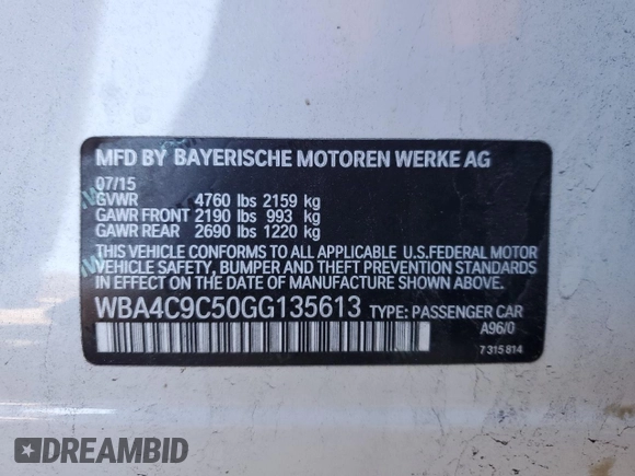 2016 BMW 4 Series 428i xDrive with VIN WBA4C9C50GG135613, listed as a Copart auction lot 87655245 with 89,568 mi miles and Salvage Title. Bid and sale history available at DreamBid. Image 12.