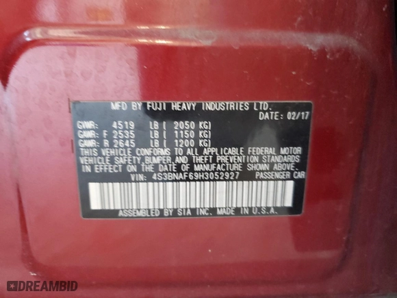 2017 Subaru Legacy Premium with VIN 4S3BNAF69H3052927, listed as a Copart auction lot 46710055 with 143,828 mi miles and Salvage Title. Bid and sale history available at carsss.com. Image 12.