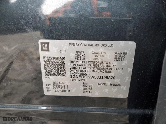2018 Chevrolet Traverse LT Cloth with VIN 1GNERGKW5JJ195876, listed as a Copart auction lot 43094115 with 113,038 mi miles and Salvage Title. Bid and sale history available at carsss.com. Image 13.