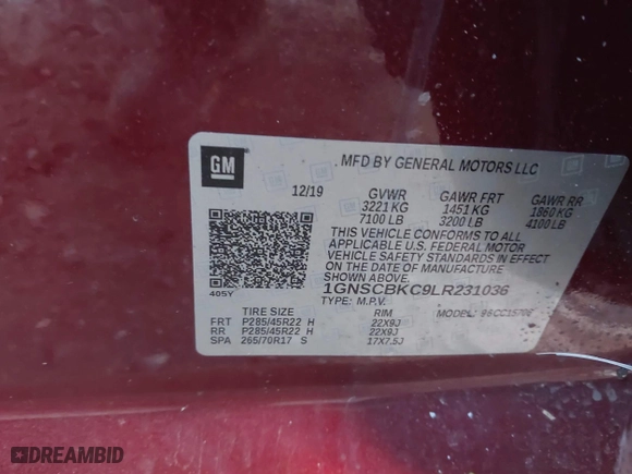 2020 Chevrolet Tahoe LT with VIN 1GNSCBKC9LR231036, listed as a IAAI auction lot 41325561 with 92,328 mi miles. Bid and sale history available at carsss.com. Image 9.