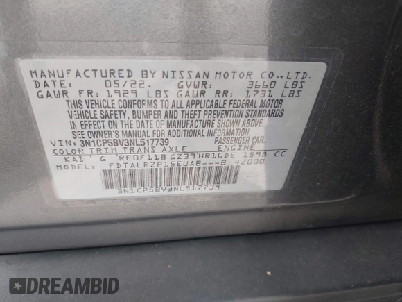 2022 Nissan Kicks S z VIN 3N1CP5BV3NL517739, wystawiony jako IAAI lot #42181025 z przebiegiem 26 087 mil mil oraz . Historia ofert i sprzedaży dostępna na DreamBid. Obrazek 9.