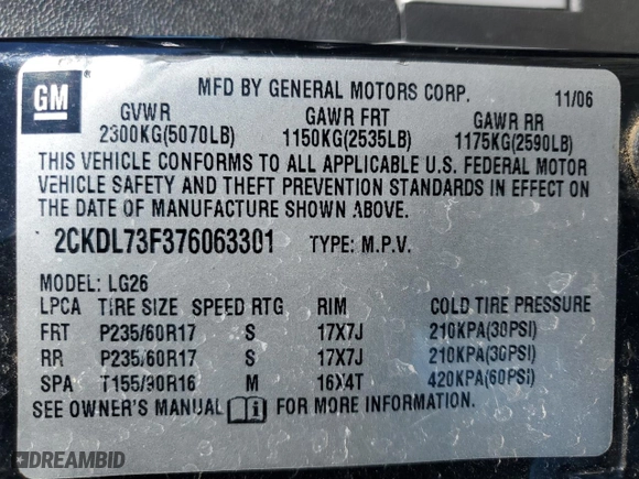 2007 Pontiac Torrent with VIN 2CKDL73F376063301, listed as a Copart auction lot 46348125 with 122133 miles and Clean Title. Bid and sale history available at carsss.com. Image 13.