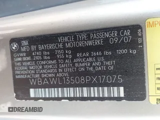 2008 BMW 3 Series 328i with VIN WBAWL13508PX17075, listed as a IAAI auction lot 42580087 with 138,080 mi miles and . Bid and sale history available at DreamBid. Image 9.