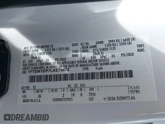 2020 Ford F-150 XL with VIN 1FTEW1EP7LKE79672, listed as a IAAI auction lot 41879045 with 38,060 mi miles and . Bid and sale history available at DreamBid. Image 9.