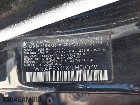 2001 BMW X5 4.4i with VIN WBAFB33581LH08039, listed as a IAAI auction lot 40679627 with 1 mi miles. Bid and sale history available at carsss.com. Image 9.
