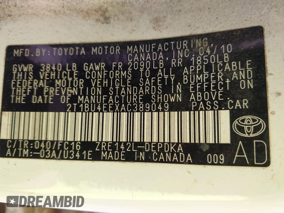 2010 Toyota Corolla with VIN 2T1BU4EEXAC389049, listed as a IAAI auction lot 41945303 with Not Provided miles and . Bid and sale history available at DreamBid. Image 9.