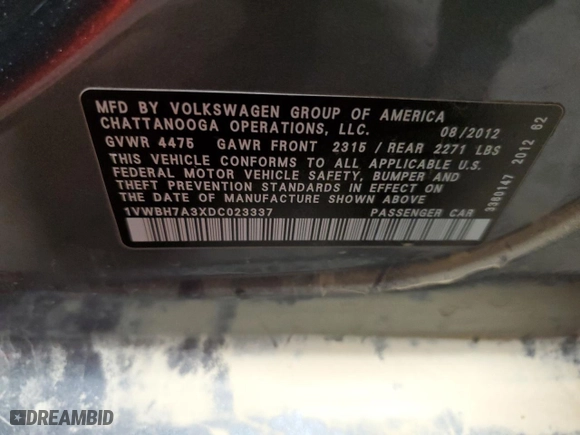 2013 Volkswagen Passat SE w/Sunroof with VIN 1VWBH7A3XDC023337, listed as a Copart auction lot 81890394 with 259,484 mi miles and Salvage Title. Bid and sale history available at carsss.com. Image 12.