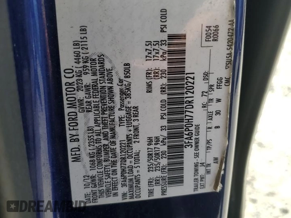 2013 Ford Fusion SE with VIN 3FA6P0H77DR120221, listed as a Copart auction lot 54155895 with 154,236 mi miles and Clean Title. Bid and sale history available at carsss.com. Image 12.