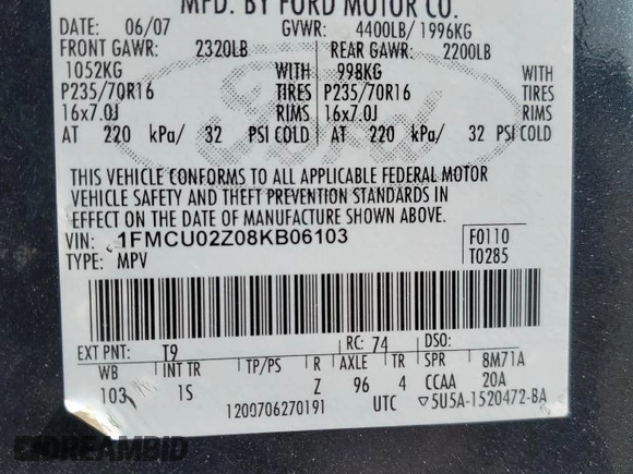 2008 Ford Escape XLS с VIN 1FMCU02Z08KB06103, выставлен на аукционе Copart как лот 60934415 с пробегом Не указан миль и Списание • Salvage title. История ставок и продаж доступна на DreamBid. Изображение 14.