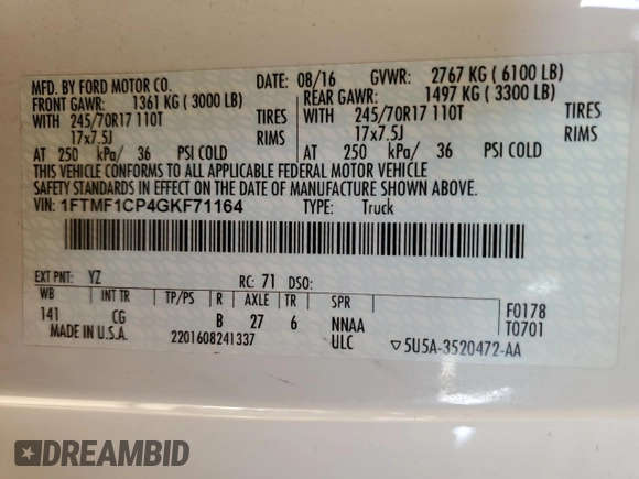 2016 Ford F-150 XL with VIN 1FTMF1CP4GKF71164, listed as a Copart auction lot 50889105 with 224,444 mi miles and Salvage Title. Bid and sale history available at carsss.com. Image 12.