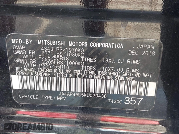 2019 Mitsubishi Outlander SE with VIN JA4AP4AU5KU020436, listed as a IAAI auction lot 42687315 with 94,533 mi miles and . Bid and sale history available at DreamBid. Image 9.