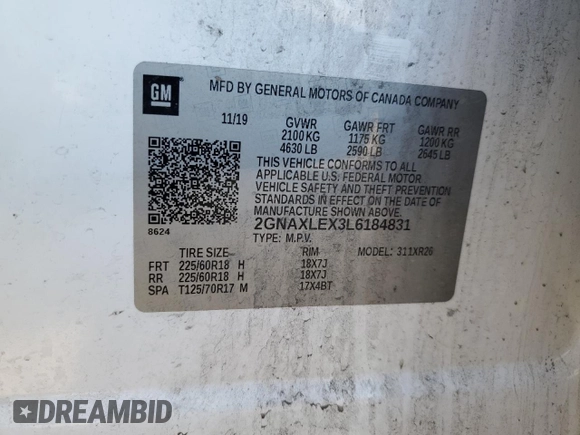 2020 Chevrolet Equinox LT with VIN 2GNAXLEX3L6184831, listed as a Copart auction lot 51007625 with 0 mi miles and Clean Title. Bid and sale history available at carsss.com. Image 13.