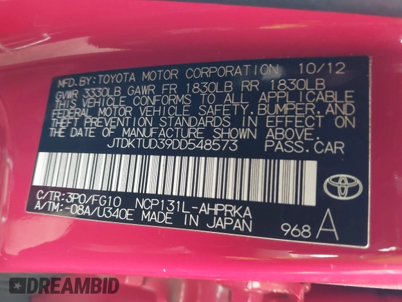 2013 Toyota Yaris L with VIN JTDKTUD39DD548573, listed as a IAAI auction lot 41152564 with 158,510 mi miles. Bid and sale history available at carsss.com. Image 9.