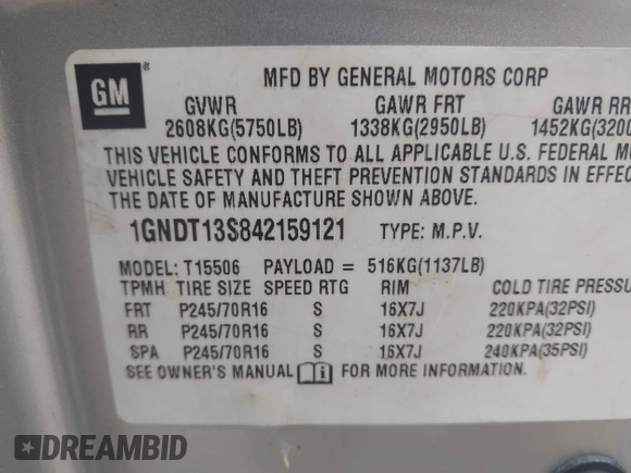 2004 Chevrolet TrailBlazer LS with VIN 1GNDT13S842159121, listed as a IAAI auction lot 42206485 with 156,432 mi miles and . Bid and sale history available at DreamBid. Image 9.