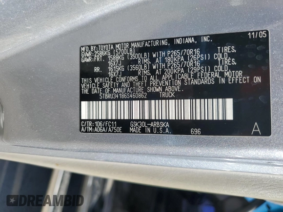 2006 Toyota Tundra SR5 with VIN 5TBRU34186S460862, listed as a Copart auction lot 46499395 with 261,479 mi miles and Salvage Title. Bid and sale history available at carsss.com. Image 14.