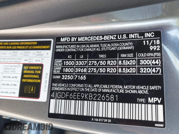 2019 Mercedes-Benz GLS 450 with VIN 4JGDF6EE9KB226581, listed as a IAAI auction lot 42242308 with 80,616 mi miles and . Bid and sale history available at DreamBid. Image 9.