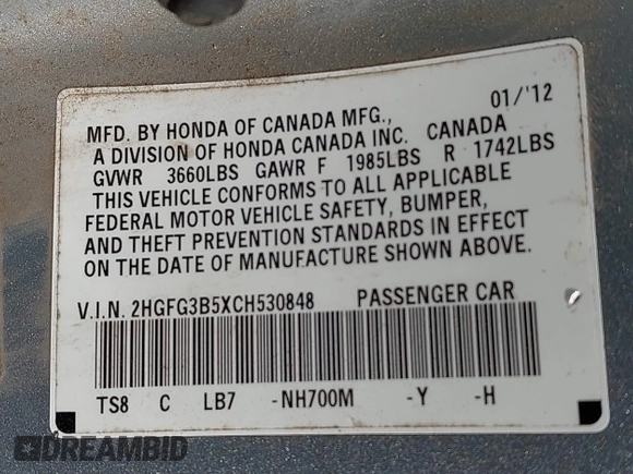 2012 Honda Civic Cpe LX with VIN 2HGFG3B5XCH530848, listed as a IAAI auction lot 41855000 with 110,145 mi miles. Bid and sale history available at carsss.com. Image 9.