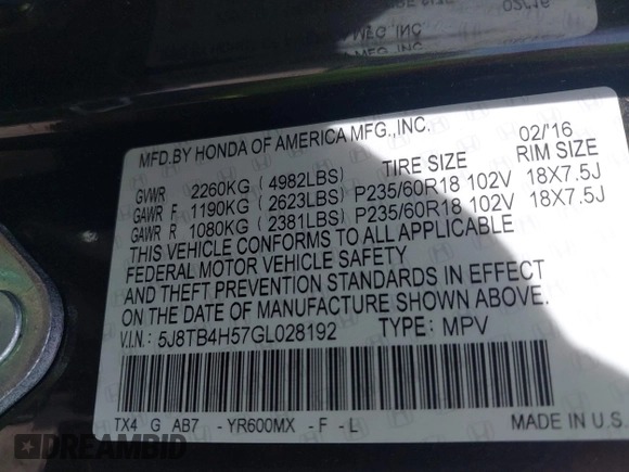 2016 Acura RDX Technology with VIN 5J8TB4H57GL028192, listed as a IAAI auction lot 42114972 with 109,430 mi miles and . Bid and sale history available at carsss.com. Image 9.