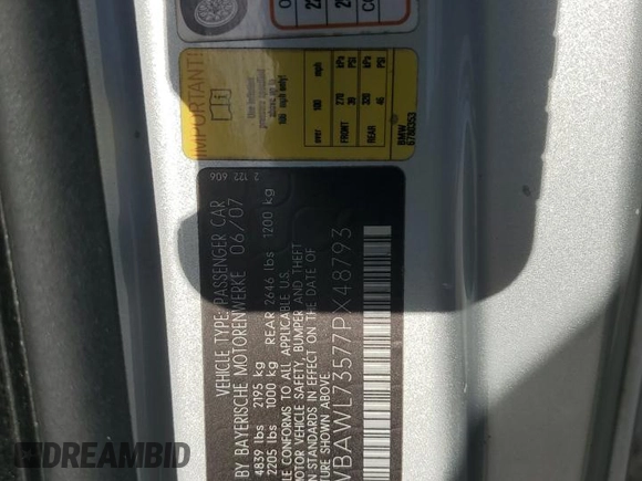 2007 BMW 3 Series 335i with VIN WBAWL73577PX48793, listed as a Copart auction lot 57129955 with 134,546 mi miles and Salvage title. Bid and sale history available at DreamBid. Image 12.