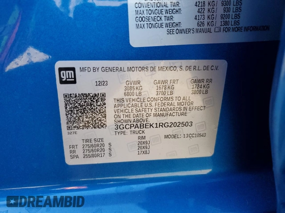 2024 Chevrolet Silverado 1500 Custom with VIN 3GCPABEK1RG202503, listed as a Copart auction lot 48681235 with Not Provided miles and Salvage Title. Bid and sale history available at DreamBid. Image 12.