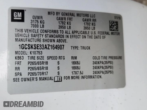 2010 Chevrolet Silverado 1500 LT with VIN 1GCSKSE33AZ164907, listed as a Copart auction lot 54128935 with Not Provided miles and Non Repairable. Bid and sale history available at DreamBid. Image 12.