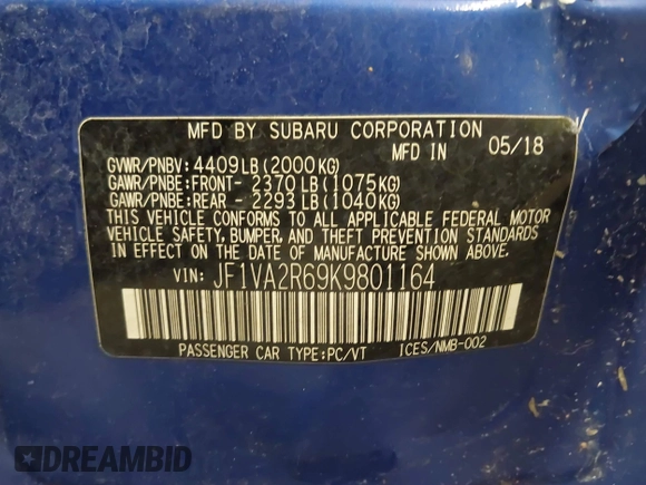2019 Subaru WRX STI with VIN JF1VA2R69K9801164, listed as a IAAI auction lot 41371724 with 127,305 mi miles and . Bid and sale history available at DreamBid. Image 9.