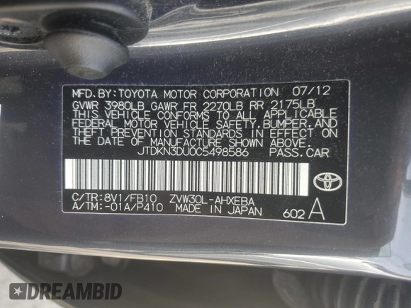 2012 Toyota Prius One with VIN JTDKN3DU0C5498586, listed as a Copart auction lot 55552225 with 139,102 mi miles and Salvage Title. Bid and sale history available at carsss.com. Image 12.