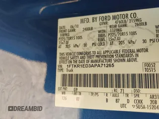 2010 Ford Ranger XL with VIN 1FTKR1ED3APA71265, listed as a IAAI auction lot 41488967 with 225,262 mi miles and . Bid and sale history available at DreamBid. Image 9.