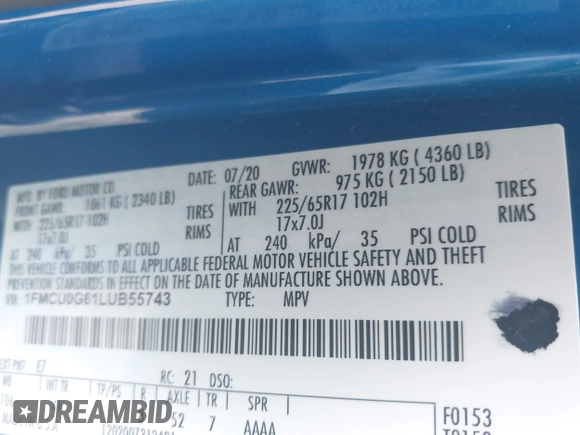 2020 Ford Escape SE with VIN 1FMCU0G61LUB55743, listed as a IAAI auction lot 42190522 with 76,919 mi miles and . Bid and sale history available at DreamBid. Image 9.