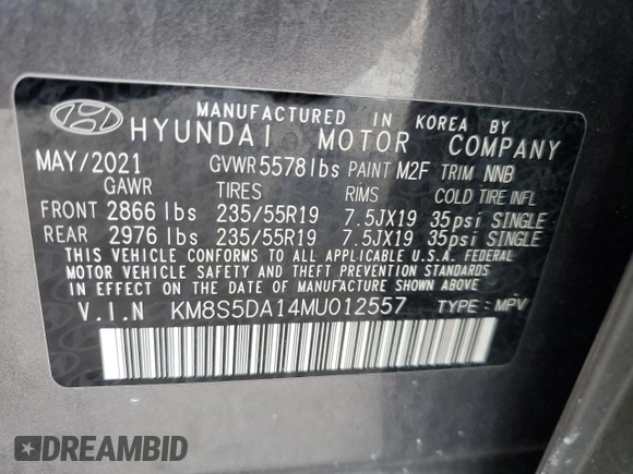 2021 Hyundai Santa Fe Hybrid Limited with VIN KM8S5DA14MU012557, listed as a Copart auction lot 66902244 with 68,253 mi miles and Salvage Title. Bid and sale history available at carsss.com. Image 14.