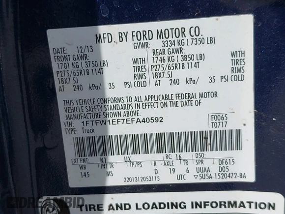2014 Ford F-150 XL with VIN 1FTFW1EF7EFA40592, listed as a IAAI auction lot 42755930 with 259,852 mi miles and . Bid and sale history available at DreamBid. Image 9.