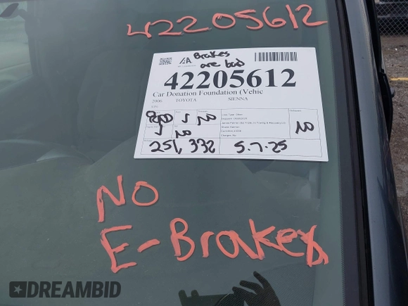 2006 Toyota Sienna CE with VIN 5TDZA23C86S505487, listed as a IAAI auction lot 42205612 with 251,332 mi miles and . Bid and sale history available at DreamBid. Image 16.