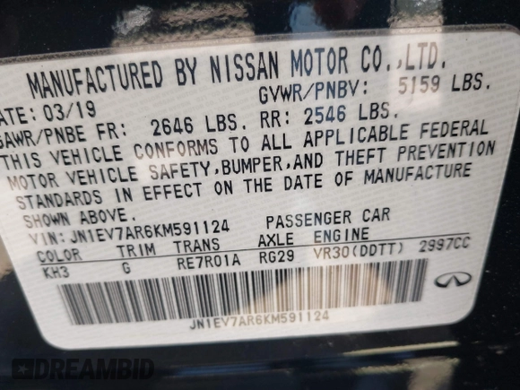 2019 Infiniti Q50 3.0t LUXE with VIN JN1EV7AR6KM591124, listed as a IAAI auction lot 41683686 with 66,529 mi miles. Bid and sale history available at carsss.com. Image 9.