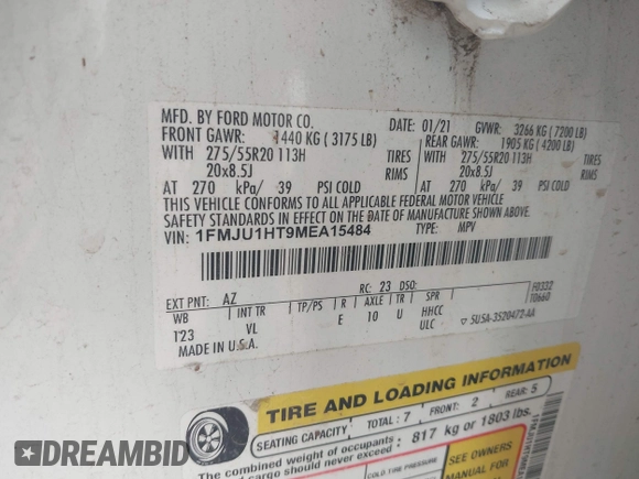 2021 Ford Expedition XLT с VIN 1FMJU1HT9MEA15484, выставлен на аукционе IAAI как лот 42438467 с пробегом 86 057 миль миль и . История ставок и продаж доступна на DreamBid. Изображение 9.