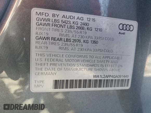 2016 Audi Q5 Premium Plus with VIN WA1L2AFP4GA091449, listed as a Copart auction lot 51137675 with 76,756 mi miles and Salvage Title. Bid and sale history available at carsss.com. Image 13.