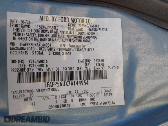 2007 Ford Taurus SEL with VIN 1FAFP56UX7A144954, listed as a IAAI auction lot 42225457 with Not provided miles and . Bid and sale history available at DreamBid. Image 9.