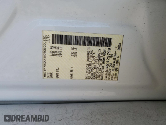 2016 Nissan Maxima SV with VIN 1N4AA6AP4GC429799, listed as a Copart auction lot 54237955 with 113,711 mi miles and Clean Title. Bid and sale history available at DreamBid. Image 12.