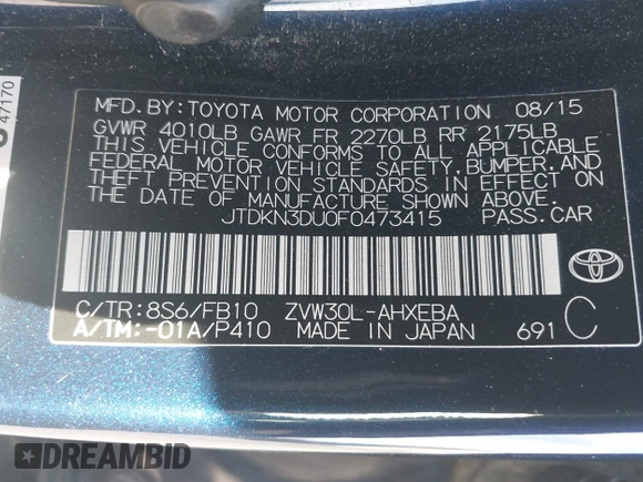 2015 Toyota Prius Four with VIN JTDKN3DU0F0473415, listed as a IAAI auction lot 42008750 with 87,760 mi miles. Bid and sale history available at carsss.com. Image 9.