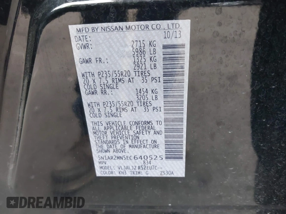 2014 Nissan Pathfinder Platinum with VIN 5N1AR2MN5EC640525, listed as a IAAI auction lot 41884084 with 131,968 mi miles and . Bid and sale history available at DreamBid. Image 9.