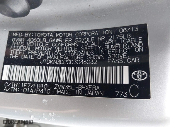 2013 Toyota Prius Plug-In with VIN JTDKN3DP0D3046032, listed as a IAAI auction lot 41471986 with 112,382 mi miles. Bid and sale history available at carsss.com. Image 9.