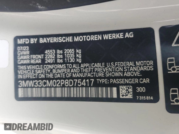 2023 BMW 2 Series 230i xDrive with VIN 3MW33CM02P8D75417, listed as a Copart auction lot 43935135 with 0 mi miles and Salvage Title. Bid and sale history available at carsss.com. Image 14.