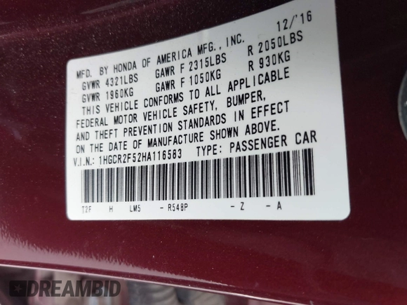 2017 Honda Accord Sport with VIN 1HGCR2F52HA116583, listed as a IAAI auction lot 41905383 with 110,667 mi miles and . Bid and sale history available at carsss.com. Image 9.