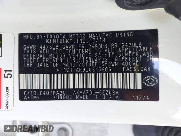 2020 Toyota Camry LE with VIN 4T1C11AK9LU315906, listed as a IAAI auction lot 41809360 with 97,401 mi miles. Bid and sale history available at carsss.com. Image 9.
