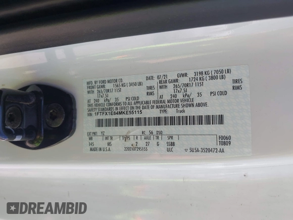 2021 Ford F-150 XL with VIN 1FTFX1E84MKE55115, listed as a IAAI auction lot 42081695 with 115,219 mi miles and . Bid and sale history available at DreamBid. Image 9.