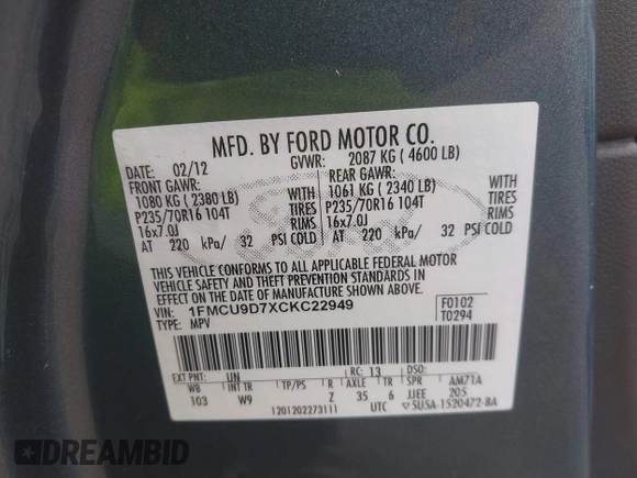 2012 Ford Escape XLT with VIN 1FMCU9D7XCKC22949, listed as a IAAI auction lot 42524904 with 106,430 mi miles and . Bid and sale history available at DreamBid. Image 9.