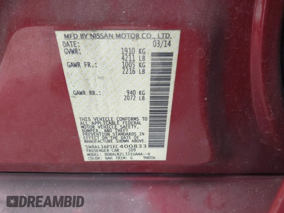 2014 Nissan Altima S with VIN 1N4AL3AP1EC400833, listed as a IAAI auction lot 42229175 with 102,749 mi miles and . Bid and sale history available at DreamBid. Image 9.