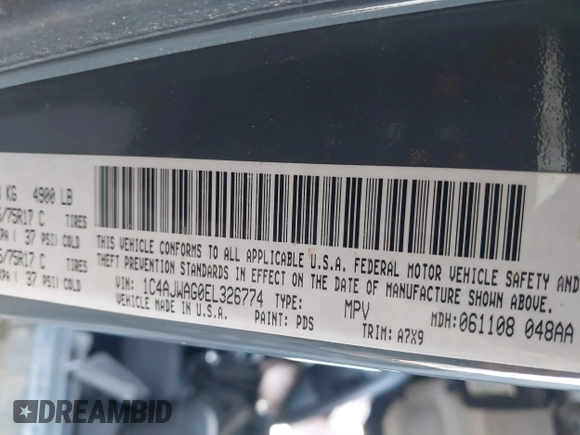 2014 Jeep Wrangler Sport with VIN 1C4AJWAG0EL326774, listed as a IAAI auction lot 41691784 with 98,696 mi miles and . Bid and sale history available at DreamBid. Image 9.