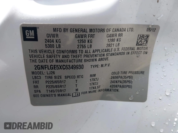 2012 Chevrolet Equinox LTZ with VIN 2GNFLGE5XC6349930, listed as a IAAI auction lot 42033555 with 159,702 mi miles. Bid and sale history available at carsss.com. Image 9.