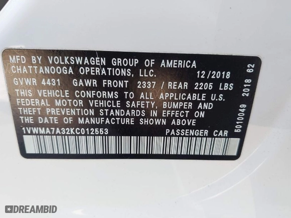 2019 Volkswagen Passat 2.0T SE R-Line with VIN 1VWMA7A32KC012553, listed as a IAAI auction lot 41509398 with 88,001 mi miles. Bid and sale history available at carsss.com. Image 9.